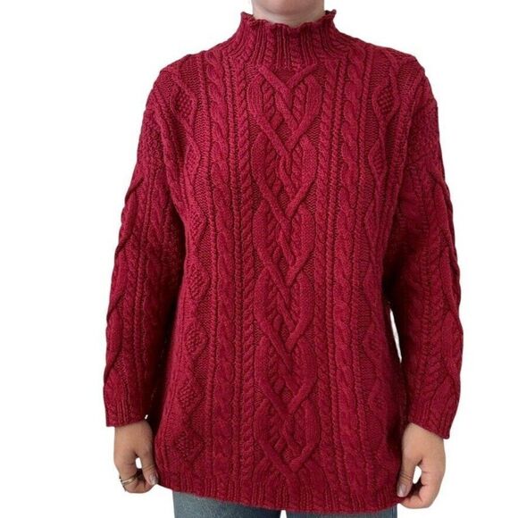 Vintage Hand Knit The Limited Red Chunky Cable Knit Fisherman Sweater Sz L - Picture 4 of 7